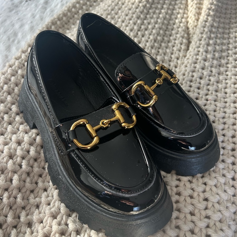 Black Loafers with Gold Buckle